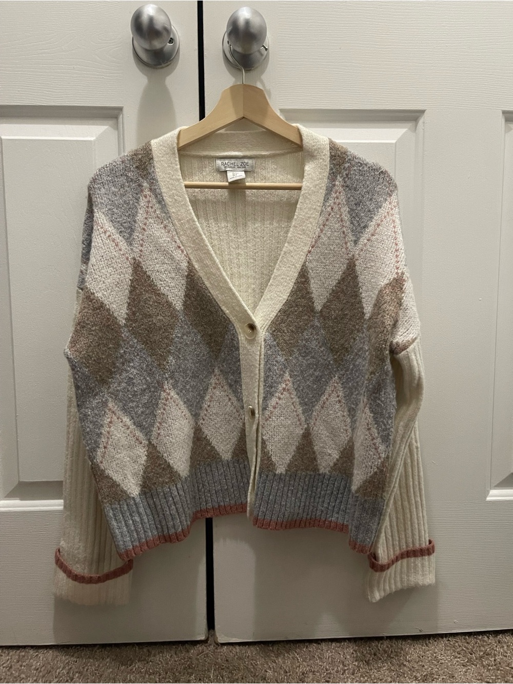 Rachel Zoe Cream Argyle Button-Front Cardigan with Gray & Brown Diamonds
